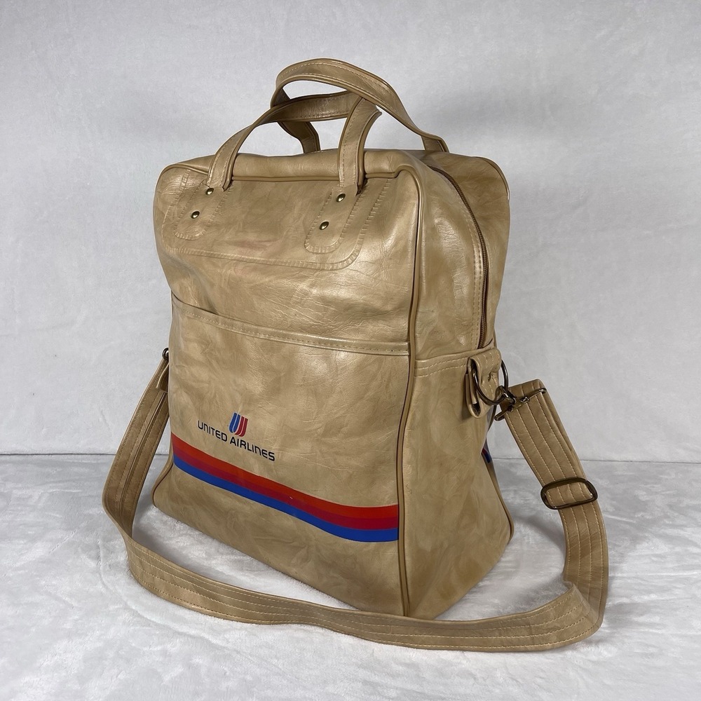 Vintage 70s United Airlines Faux Leather Carry On Bag Tan Tulip Logo Exclusive - Picture 3 of 11
